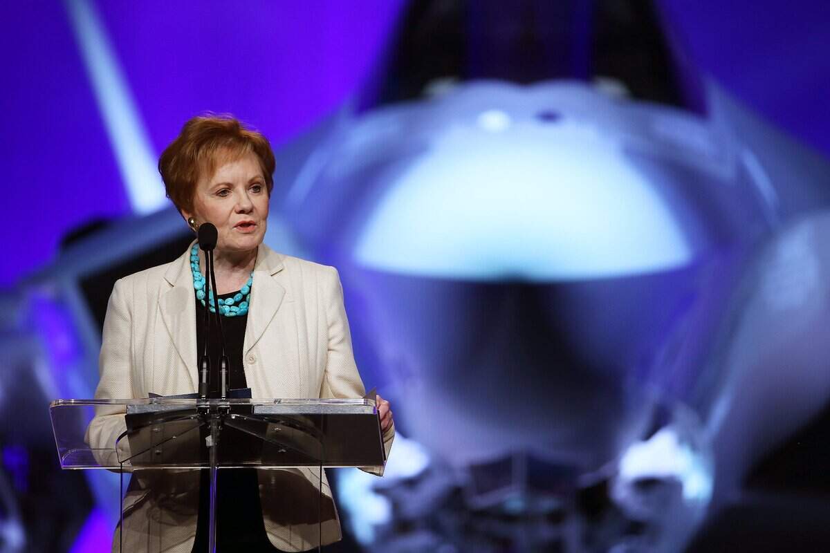 Rep. Kay Granger in front of the F-35 in 2015 as Lockheed Martin presented the Norwegian Armed Forces with the first fighter purchased by the country.